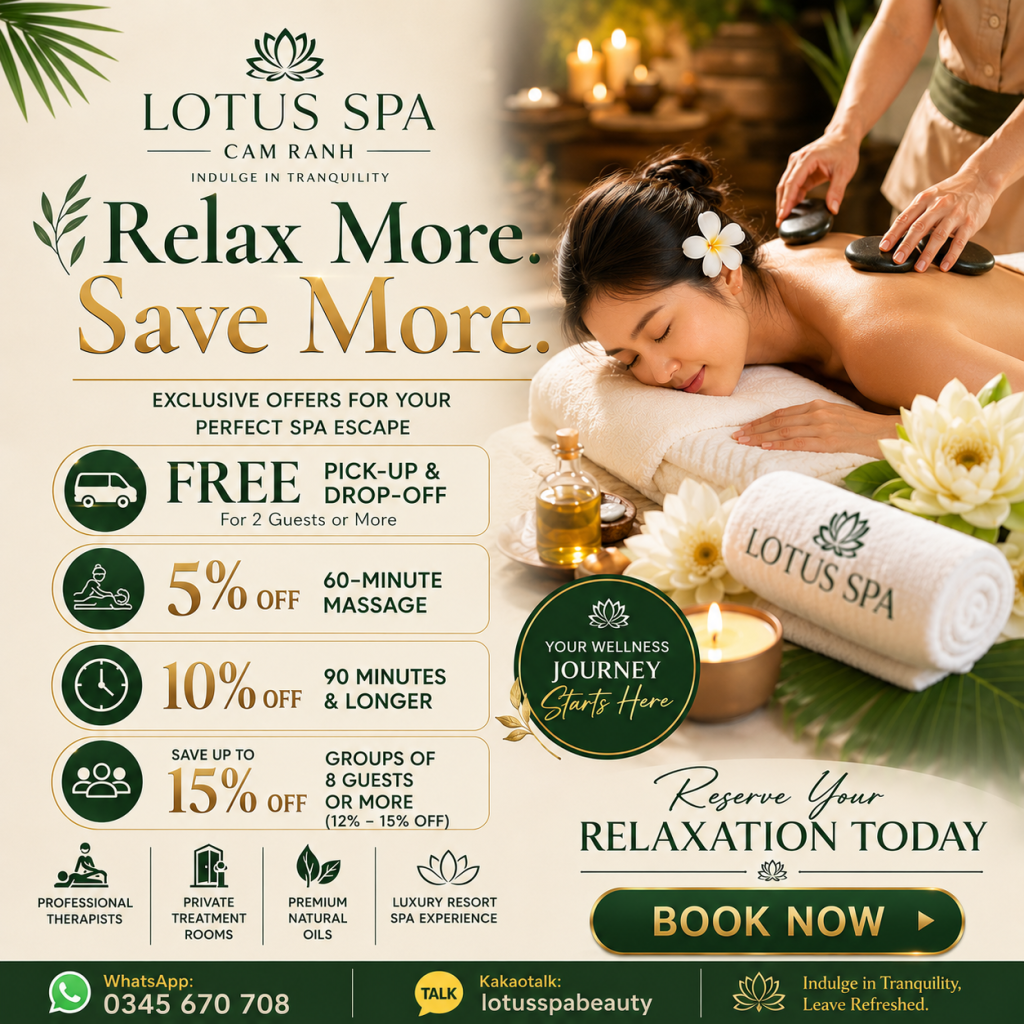 Luxury massage promotion at Lotus Spa Cam Ranh with free pick-up service, up to 15% discount, Hot Stone Massage, Thai Massage and premium wellness experience near Cam Ranh Airport.